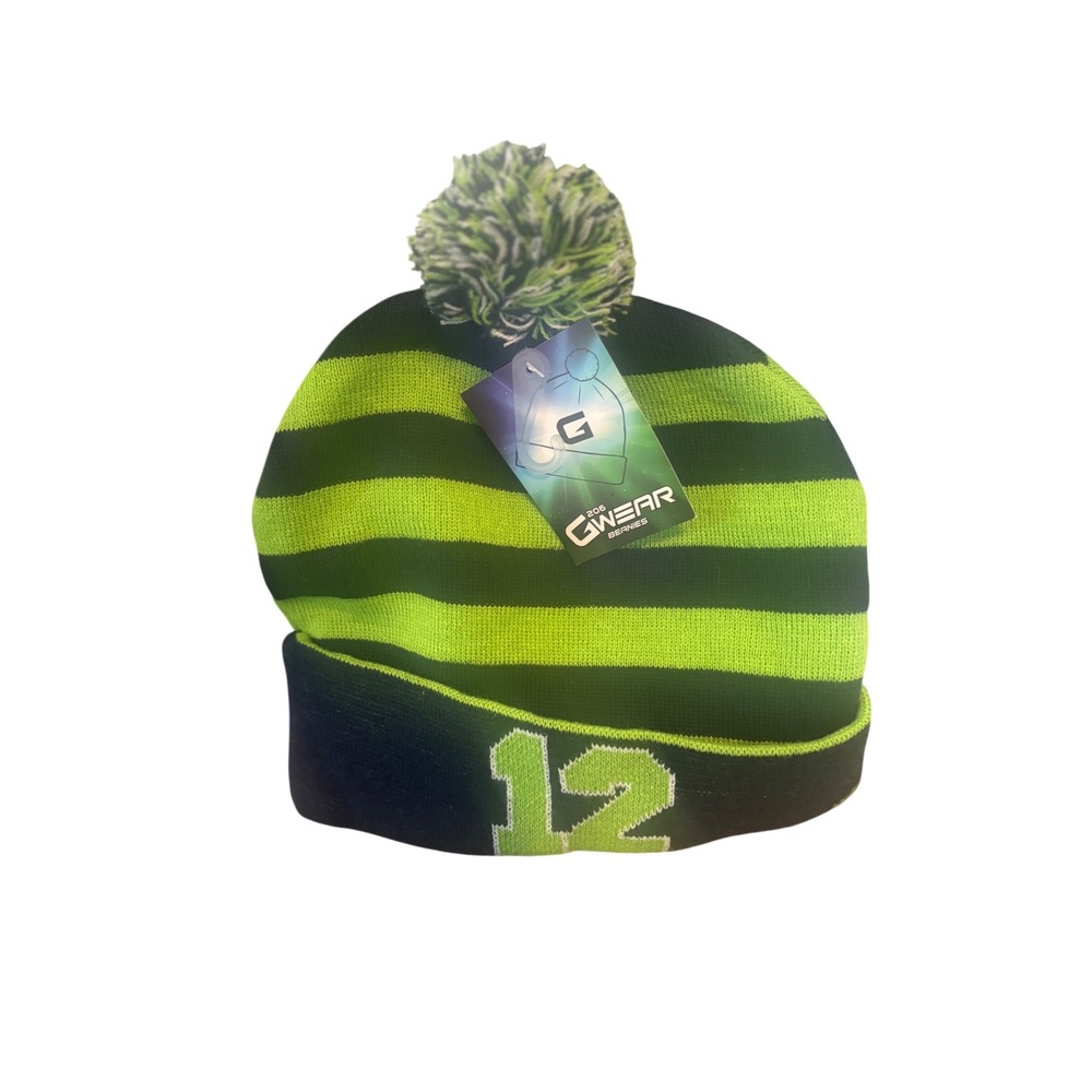 G206 Wear Seattle 12th Fan Beanie Hat Navy Blue Lime Green Striped Pom Pom NWT
